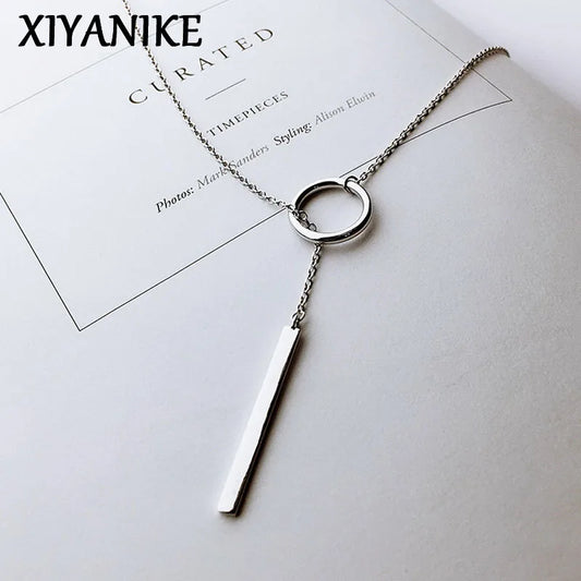 Vintage Silver Color Jewelry Circle Strip Long Chain Pendants & Necklaces sterling-silver Choker Necklace