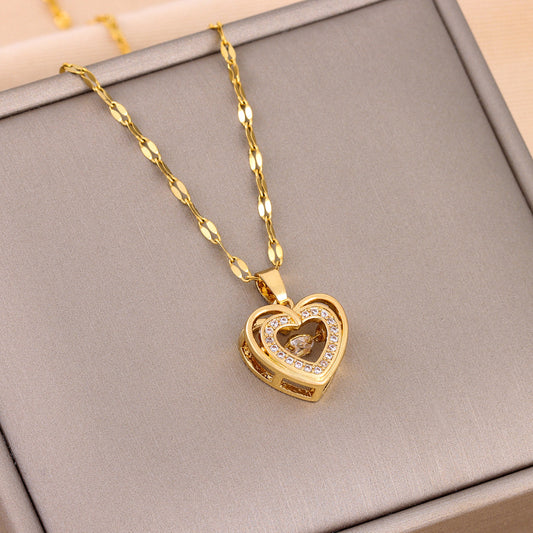 Double-Layer Heart Necklace with Rhinestone Accents – Titanium Steel Pendant, Elegant Fashion Jewelry for Women, Perfect Valentine’s Day Gift